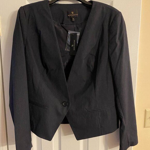Worthington NWT Women's Navy w Gray Stripe Short Blazer Jacket Business Size XL - Picture 1 of 8